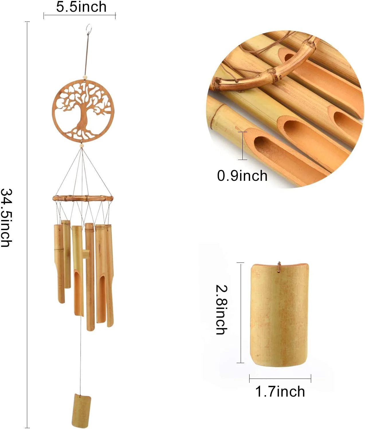 Handmade Bamboo Wind Chimes – Tree of Life Design, Natural Wooden Tubes, Sympathy Gift, Outdoor Décor (35" Height)