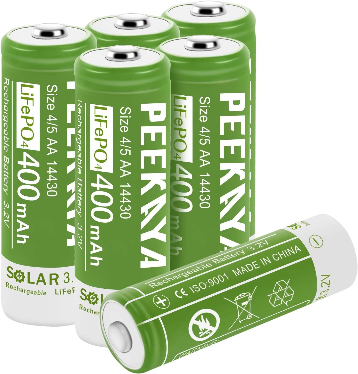 PEEKAYA 14430 Rechargeable Batteries – 3.2V 400mAh LiFePO4 Solar Batteries (6-Pack) – Long Life, High-Cycle Lithium Iron Phosphate Battery for Solar Lights, Flashlights, and More