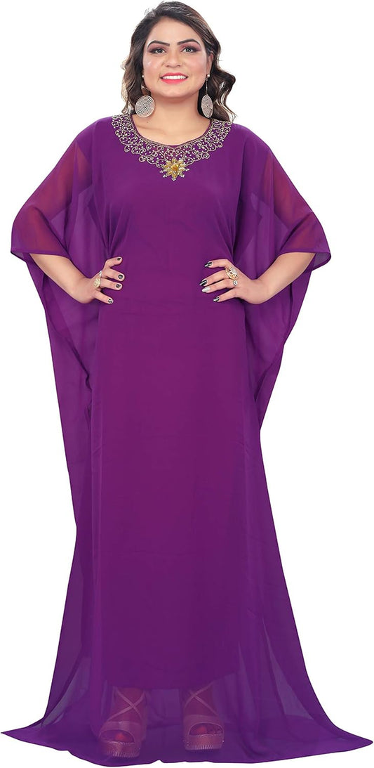 Hand-Embroidered Rhinestone Kaftan Dress – Georgette Chiffon, One Size Fits All, 58-60” Length
