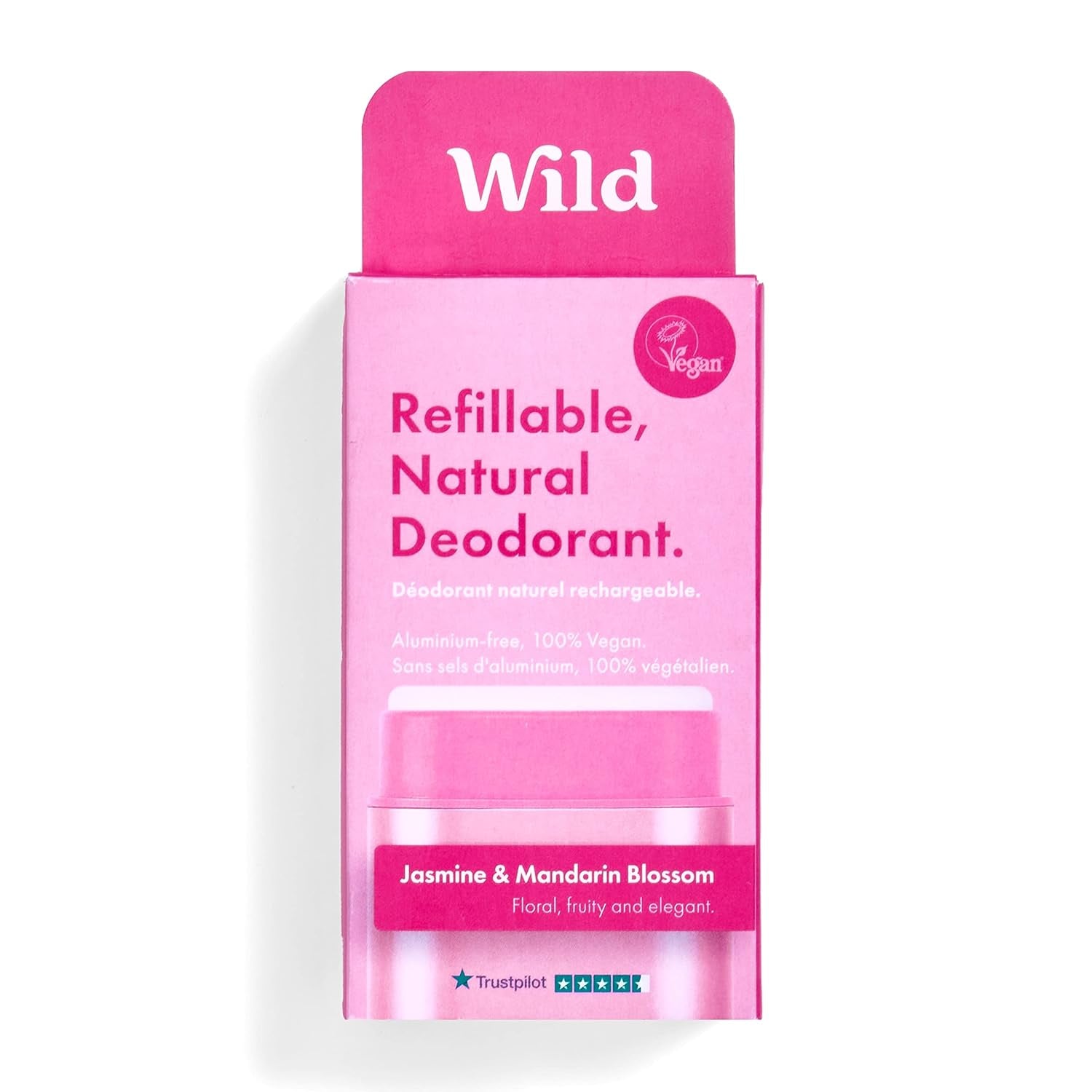 Wild Refillable Deodorant – Jasmine & Mandarin Refill | Aluminum-Free, Vegan, Eco-Friendly, Long-Lasting Natural Deodorant with Reusable Pink Case