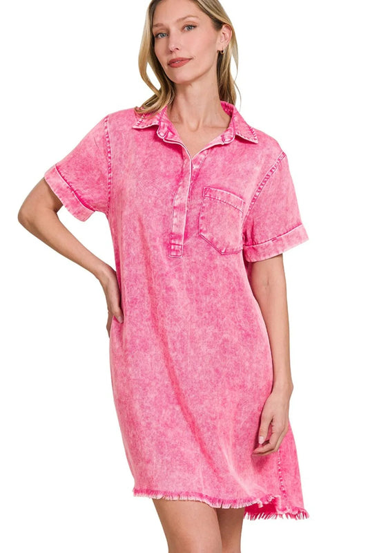 Acid-Washed Pink Denim Shirt Dress