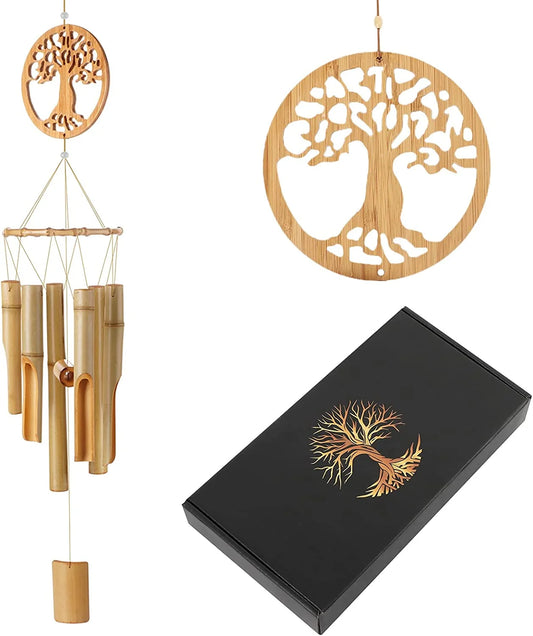 Handmade Bamboo Wind Chimes – Tree of Life Design, Natural Wooden Tubes, Sympathy Gift, Outdoor Décor (35" Height)