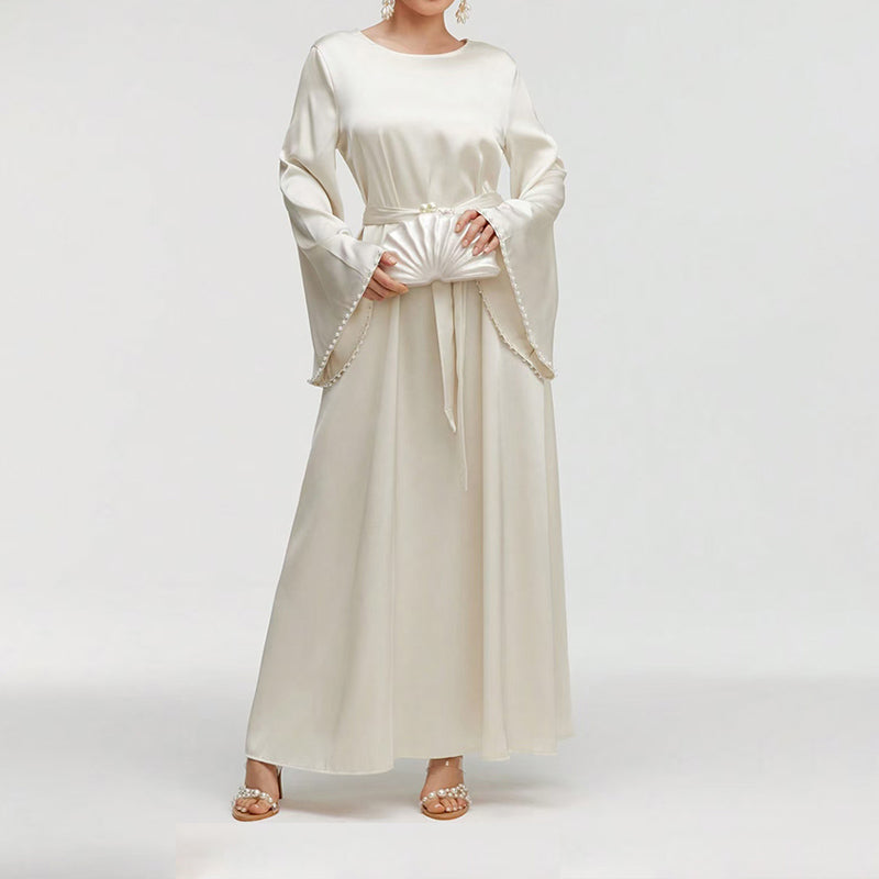 Elegant Pearl-Cuff Flared Maxi Dress – Modest A-Line Abaya Style