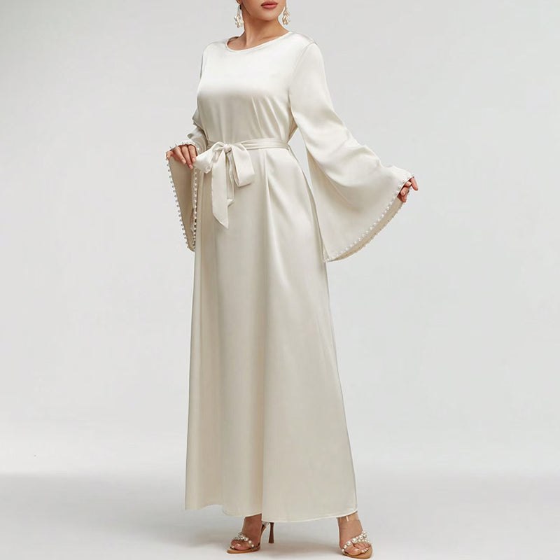 Elegant Pearl-Cuff Flared Maxi Dress – Modest A-Line Abaya Style