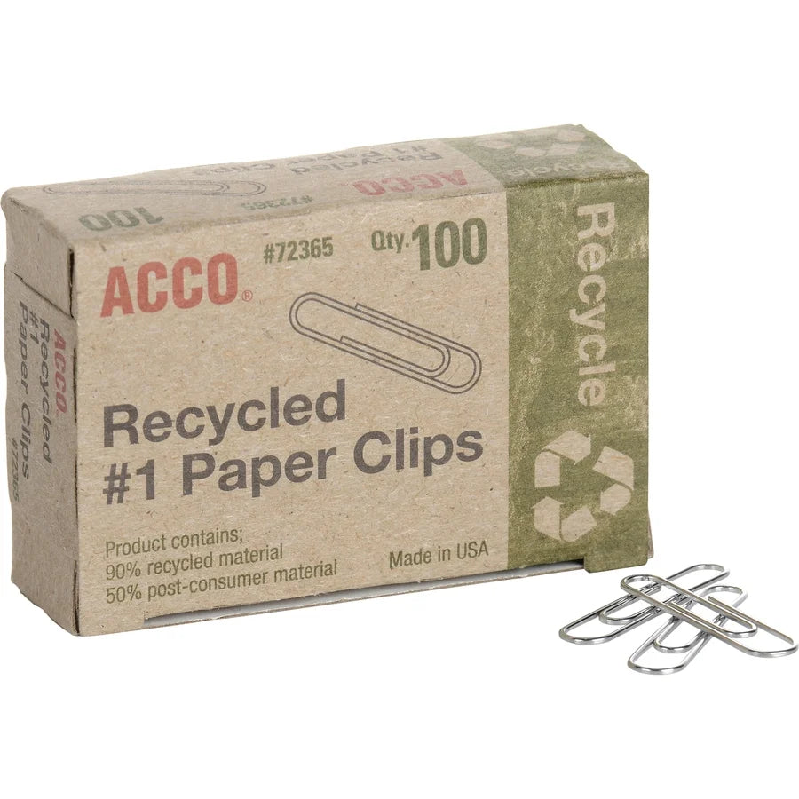 ACCO Recycled Paper Clips, #1 Size, Smooth Silver Finish – 100/Box