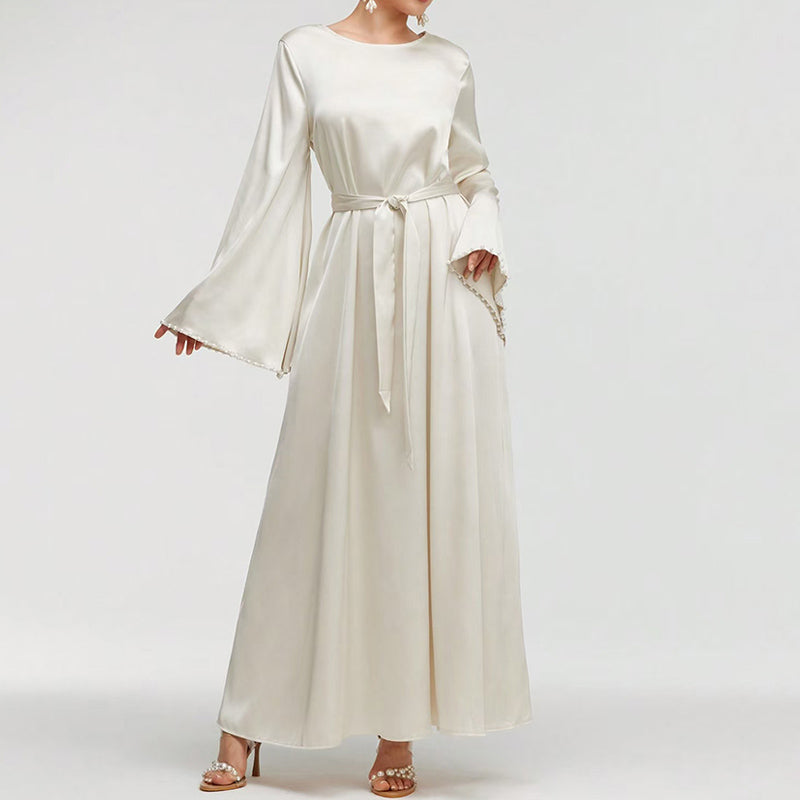 Elegant Pearl-Cuff Flared Maxi Dress – Modest A-Line Abaya Style
