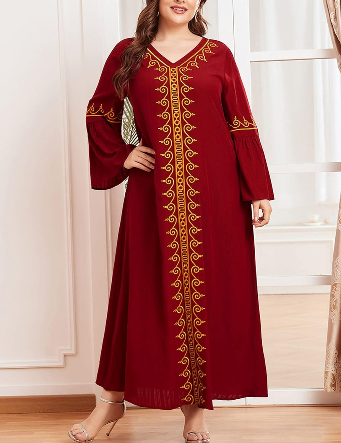 Aomesinc Plus Size Embroidered Muslim Maxi Dress – Retro Elegance in Burgundy Red