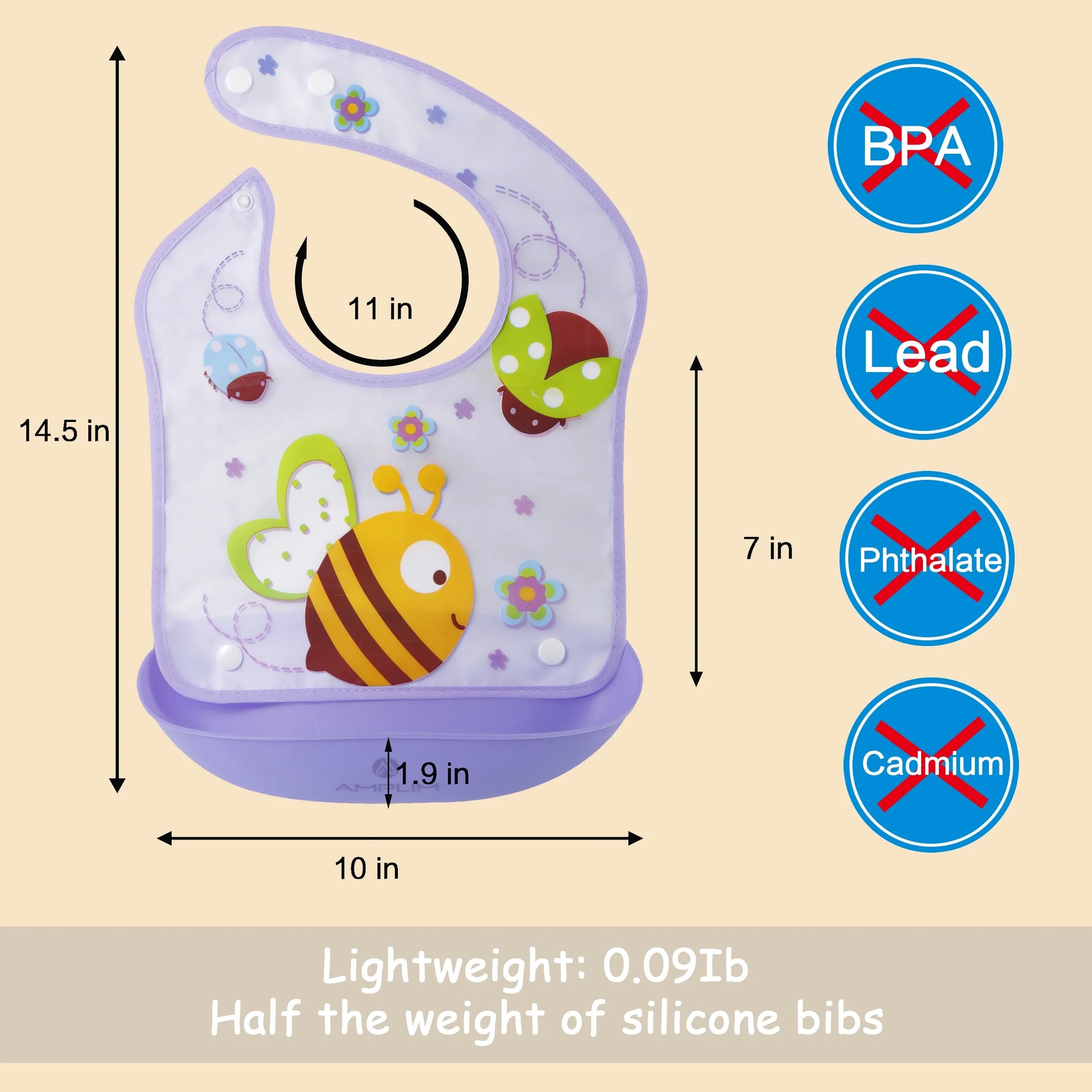 Amplim Convertible Baby Feeding Bibs 3-Pack – Waterproof, Adjustable, Lightweight, Eco-Friendly PEVA & LDPE, BPA-Free for Babies & Toddlers