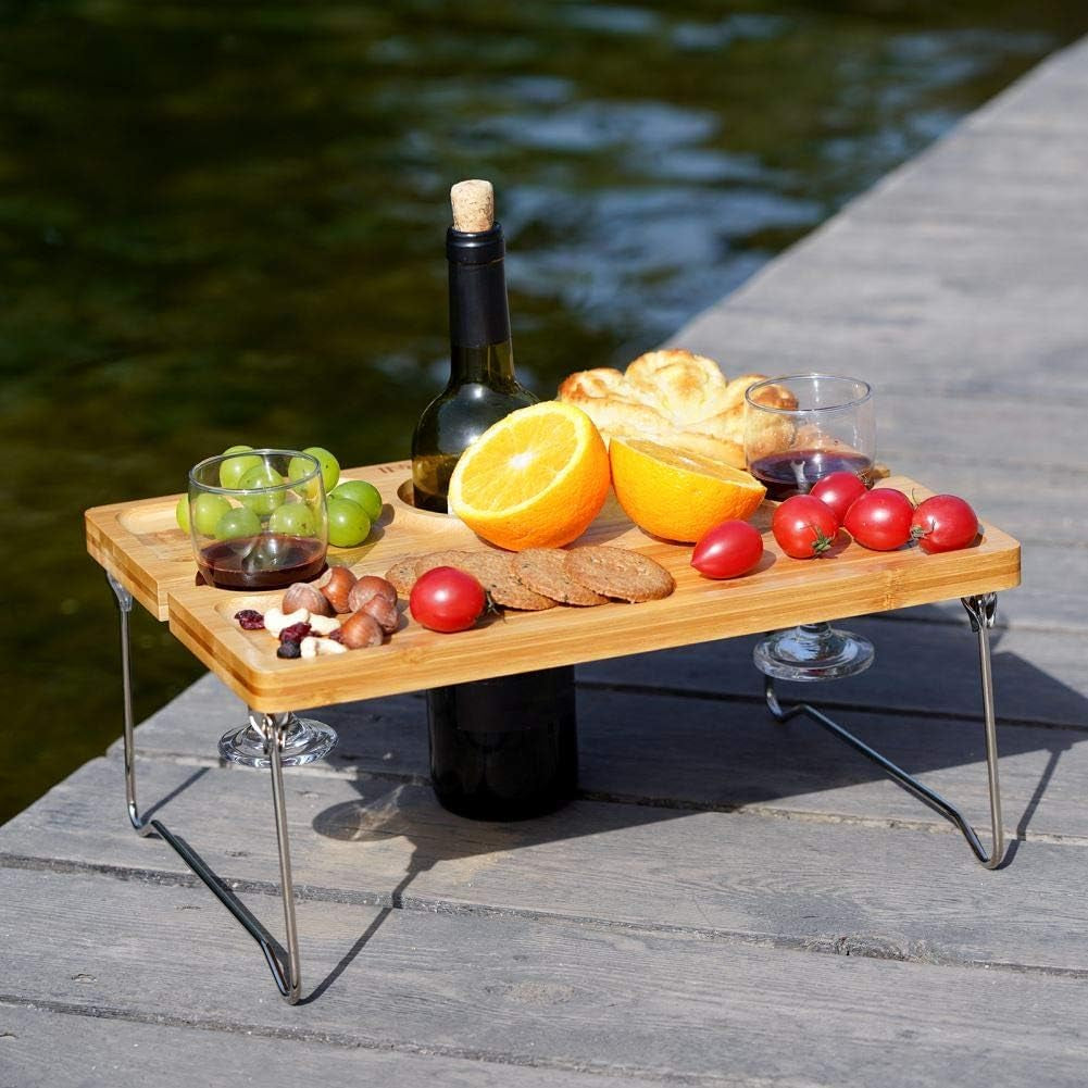 Folding Bamboo Wine Picnic Table with Bottle Opener – Portable Cheese & Snack Tray with Wine Glass Holders