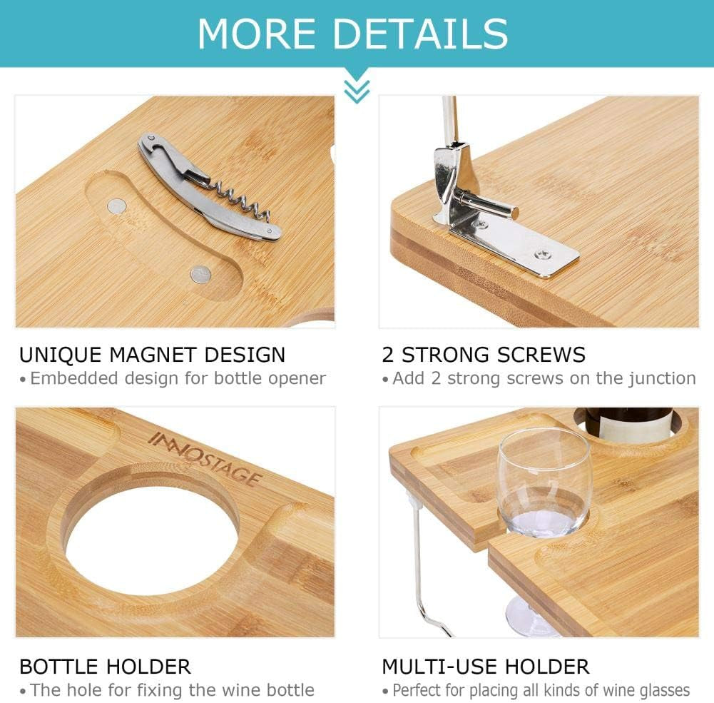Folding Bamboo Wine Picnic Table with Bottle Opener – Portable Cheese & Snack Tray with Wine Glass Holders