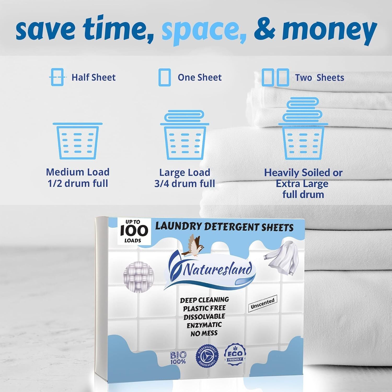 Naturesland Premium Unscented Laundry Detergent Sheets — 100 Loads, Eco-Friendly & Hypoallergenic (50 Sheets)