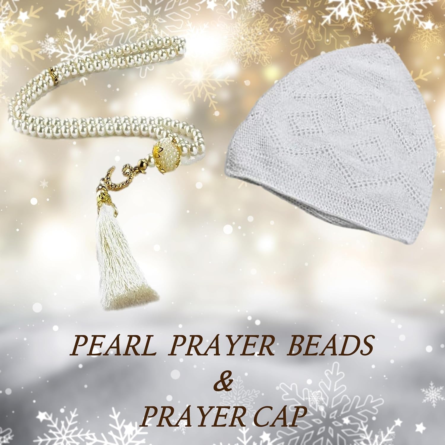 Men’s Muslim Prayer Set – Premium Turkish Cotton Kufi Hat, Prayer Carpet Rug with Embroidered Tassels & Pearl Prayer Beads
