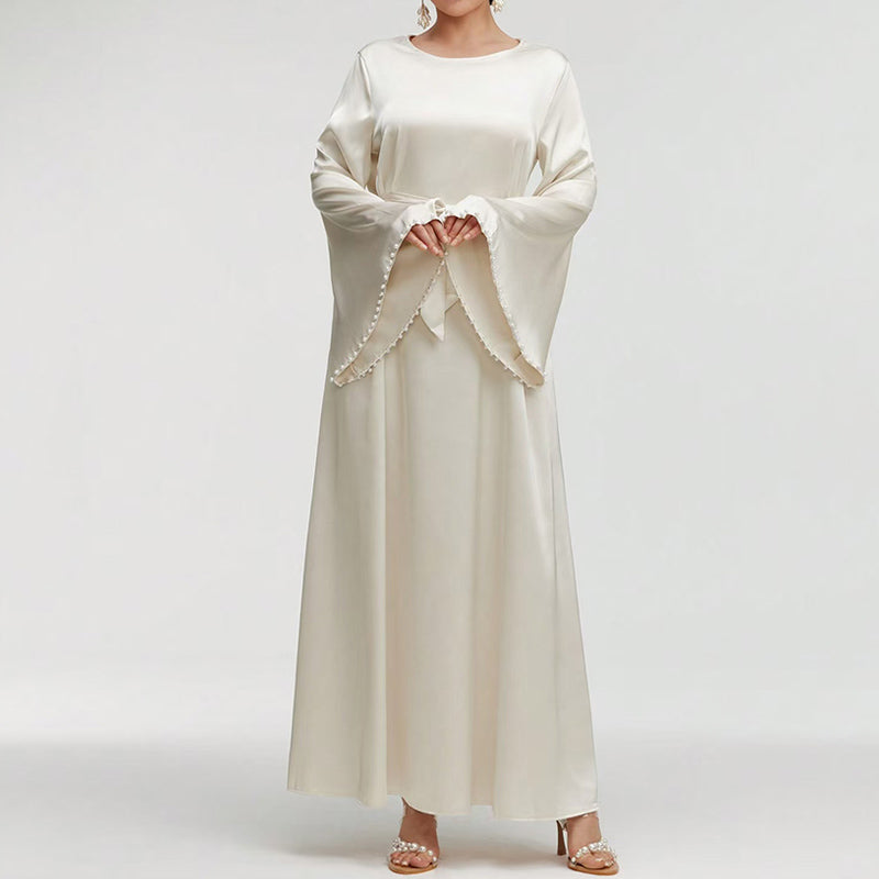 Elegant Pearl-Cuff Flared Maxi Dress – Modest A-Line Abaya Style