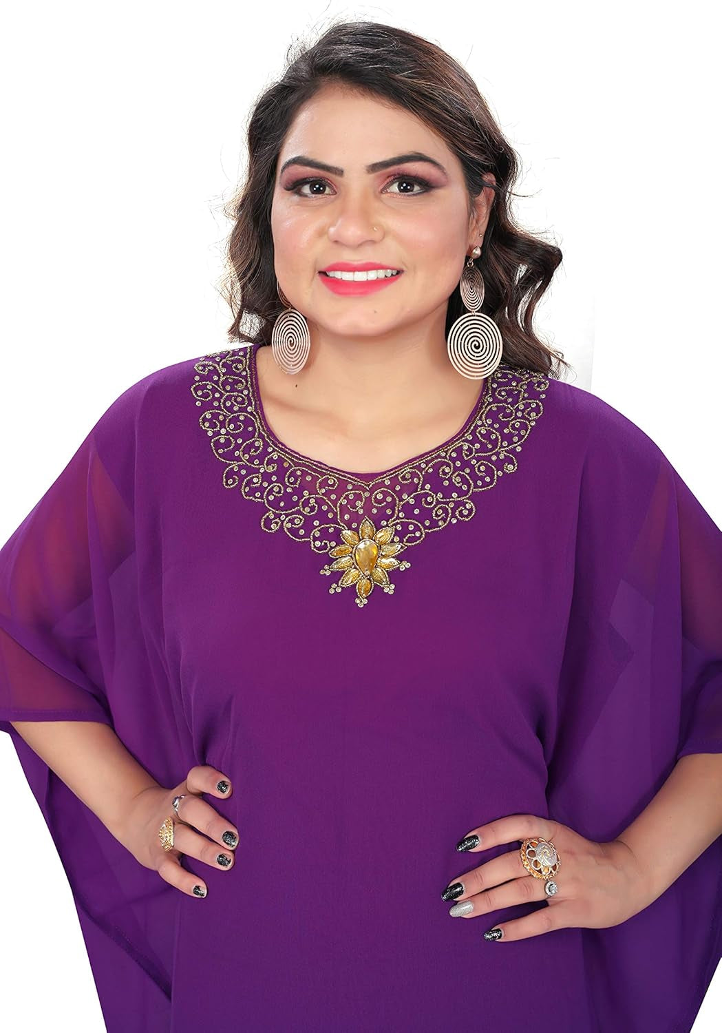 Hand-Embroidered Rhinestone Kaftan Dress – Georgette Chiffon, One Size Fits All, 58-60” Length