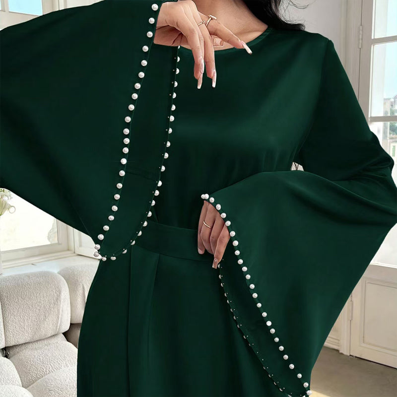 Elegant Pearl-Cuff Flared Maxi Dress – Modest A-Line Abaya Style