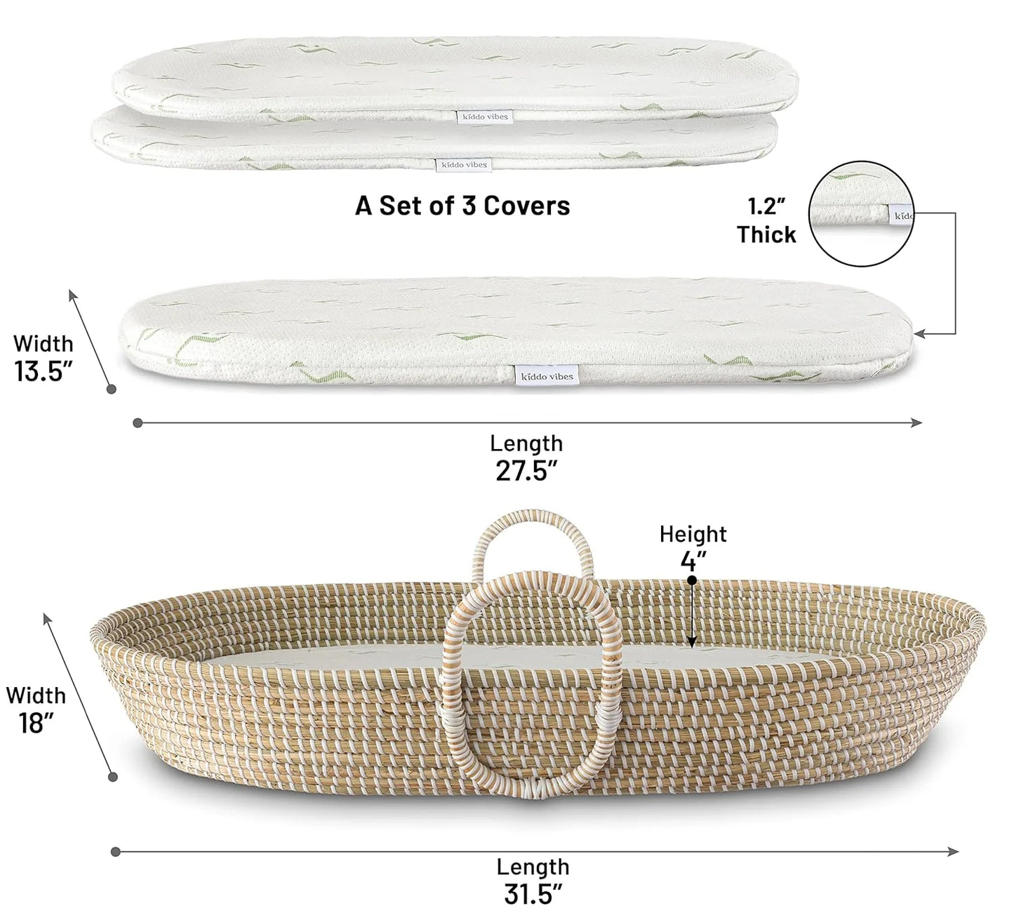 Seagrass Baby Changing Basket Set – Handwoven Natural Changing Station with Cushioned Pad & 3 Waterproof Bamboo Covers, CPSC Compliant, Boho Nursery Essential