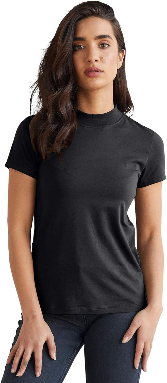 Women'S Organic Pima Cotton Short Sleeve Slim Fit Mock Neck Top