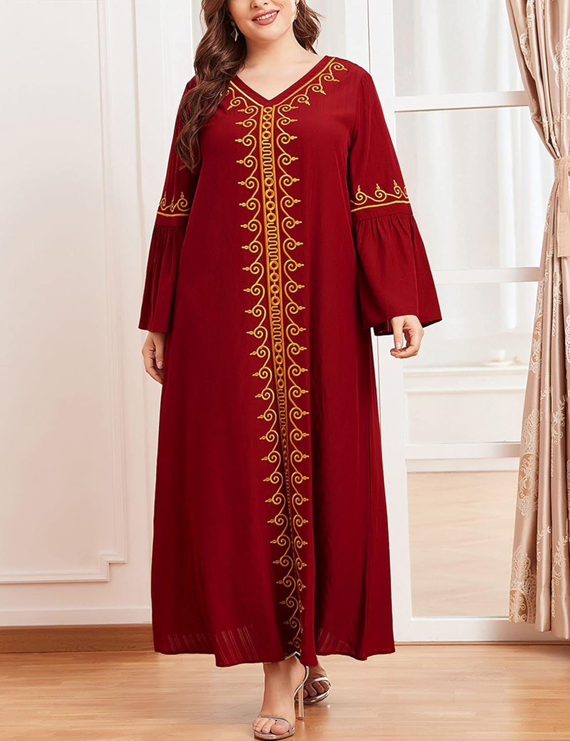 Aomesinc Plus Size Embroidered Muslim Maxi Dress – Retro Elegance in Burgundy Red