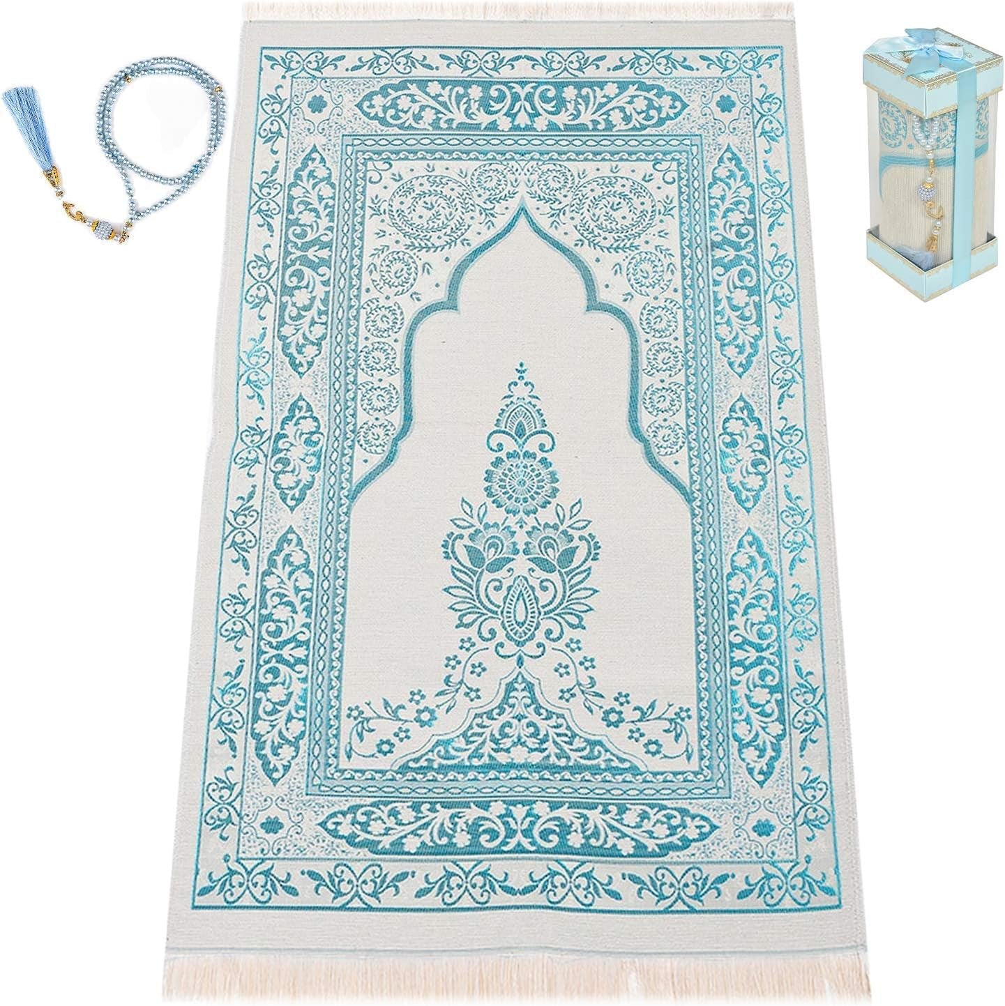 Premium Turkish Cotton Muslim Prayer Rug with Pearl Prayer Beads – Gift Boxed Islamic Prayer Mat for Men, Women & Kids