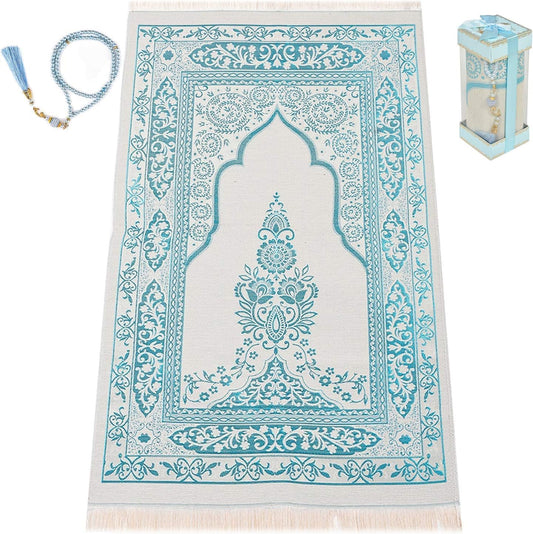 Premium Turkish Cotton Muslim Prayer Rug with Pearl Prayer Beads – Gift Boxed Islamic Prayer Mat for Men, Women & Kids