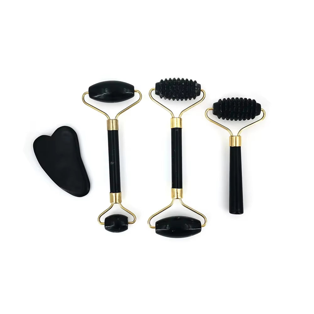 Obsidian Jade Roller Massager & Gouache Scraper Set for Facial Skin Care 