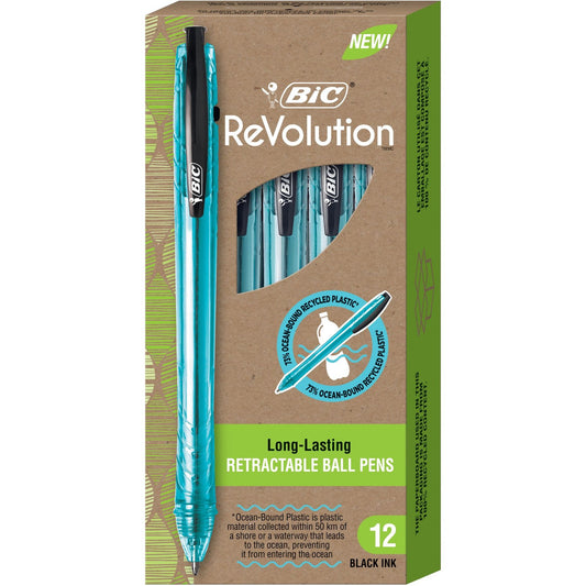 BIC ReVolution Ocean-Bound Ball Pen – 73% Recycled Plastic, Medium Point, Black, 12-Count