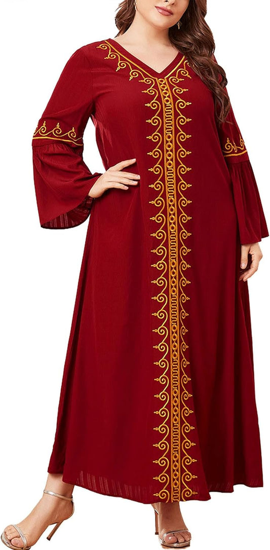 Aomesinc Plus Size Embroidered Muslim Maxi Dress – Retro Elegance in Burgundy Red