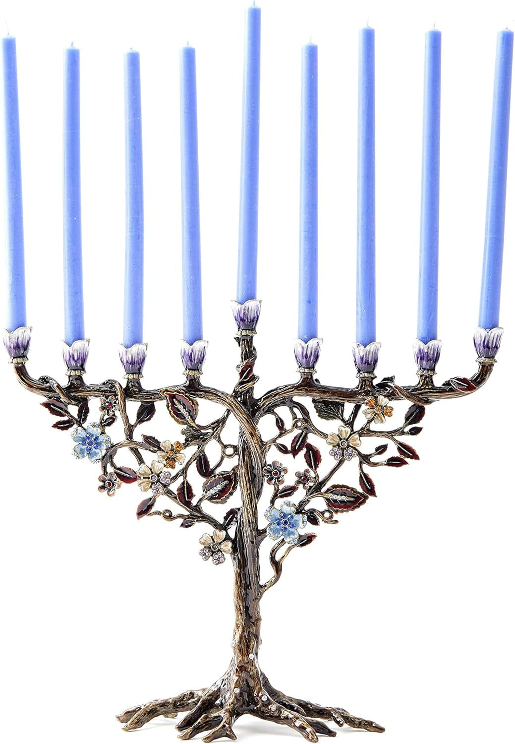 Elegant Hanukkah Menorah with Hand-Painted Flower Vine Design & Crystal Embellishments