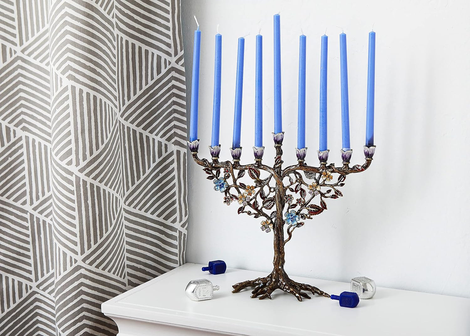 Elegant Hanukkah Menorah with Hand-Painted Flower Vine Design & Crystal Embellishments