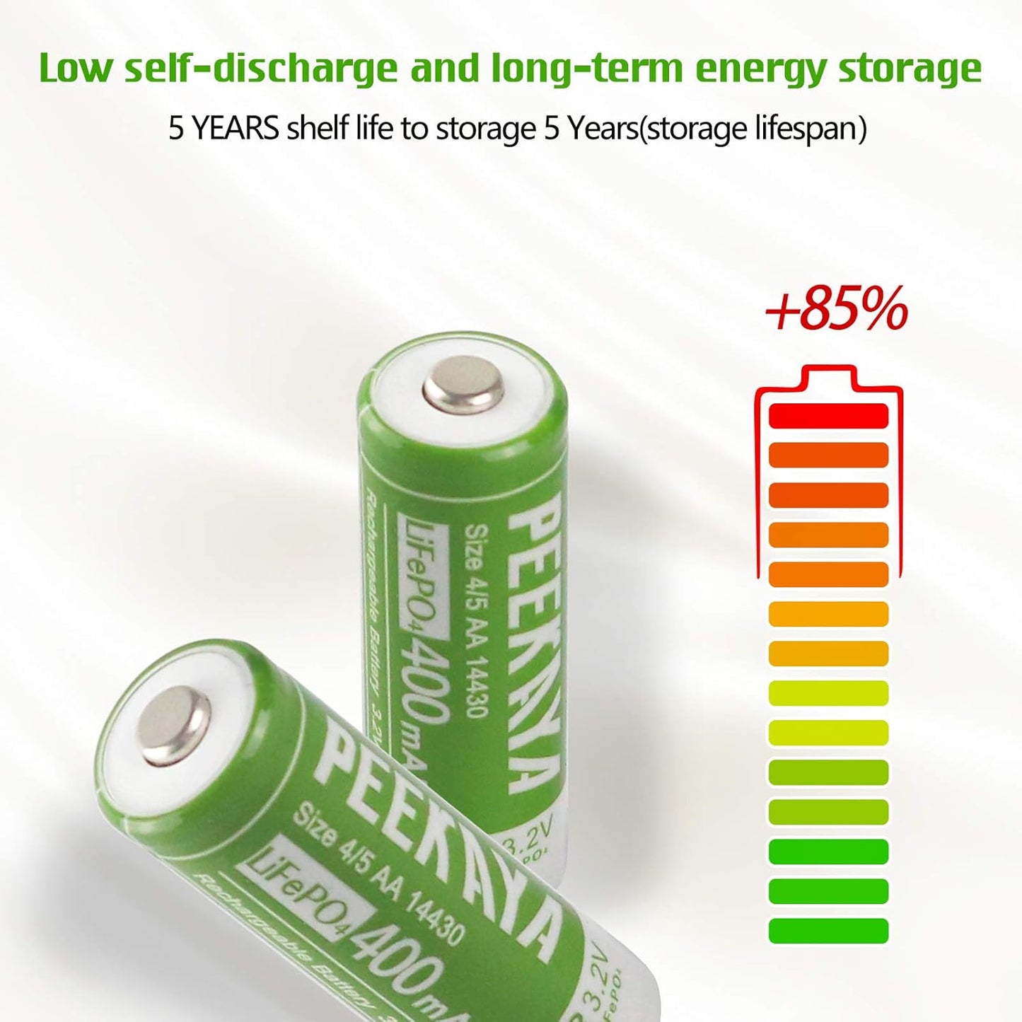 PEEKAYA 14430 Rechargeable Batteries – 3.2V 400mAh LiFePO4 Solar Batteries (6-Pack) – Long Life, High-Cycle Lithium Iron Phosphate Battery for Solar Lights, Flashlights, and More