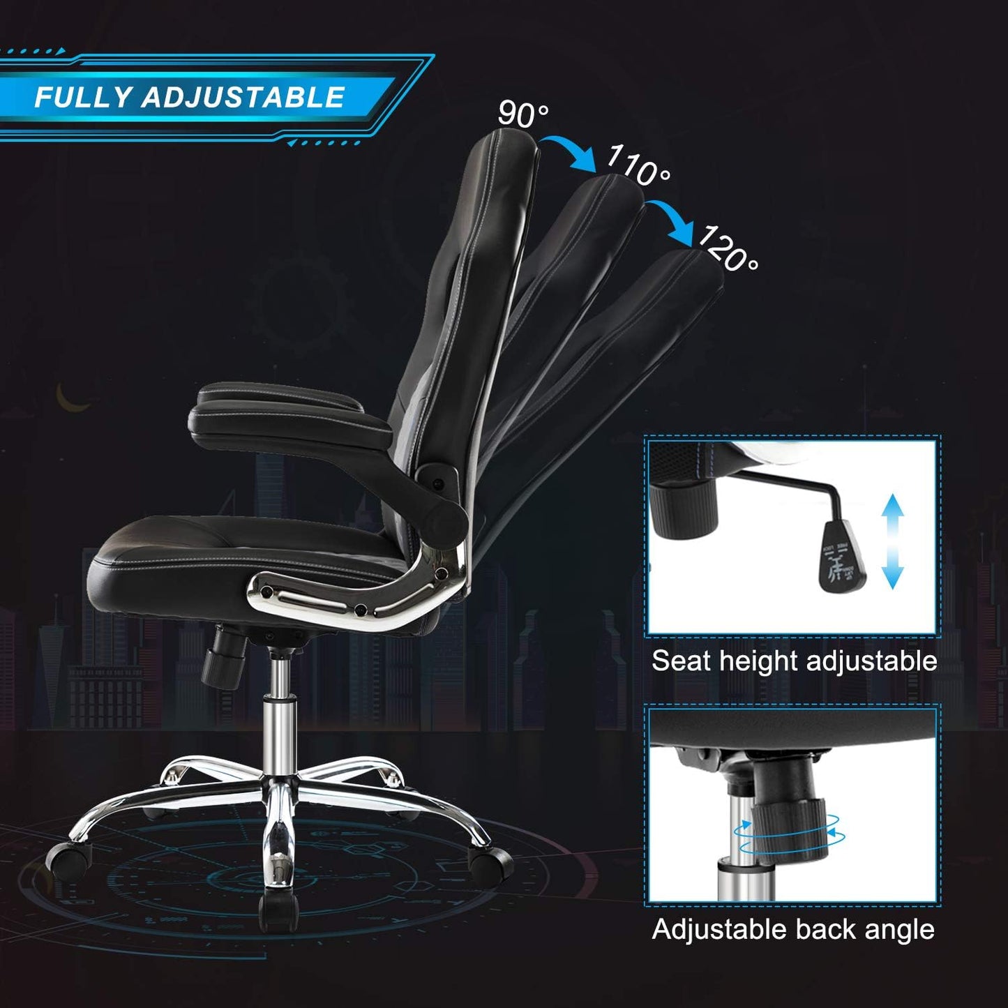 Ergonomic Gaming & Office Chair with Adjustable Flip-Up Armrests, Reclining Backrest & 360° Swivel – High-Back Computer Chair with Bonded Leather and Lumbar Support