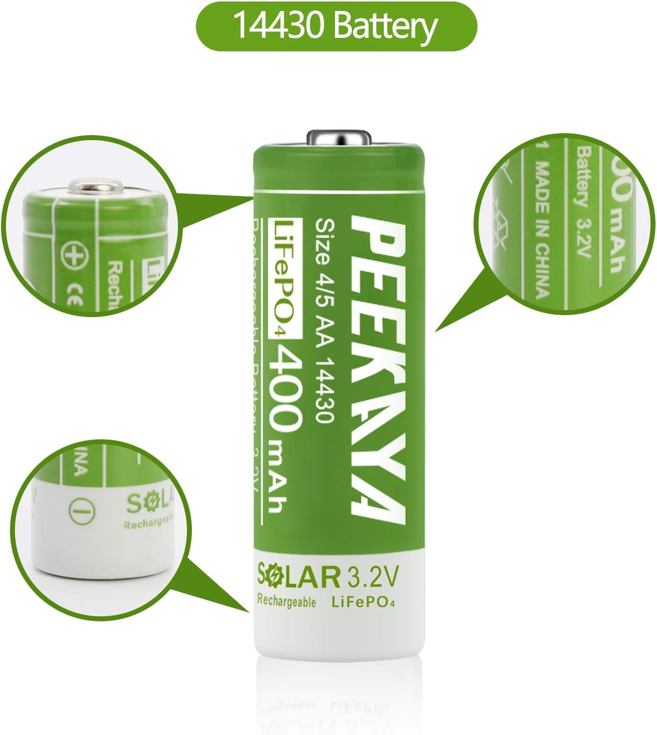 PEEKAYA 14430 Rechargeable Batteries – 3.2V 400mAh LiFePO4 Solar Batteries (6-Pack) – Long Life, High-Cycle Lithium Iron Phosphate Battery for Solar Lights, Flashlights, and More