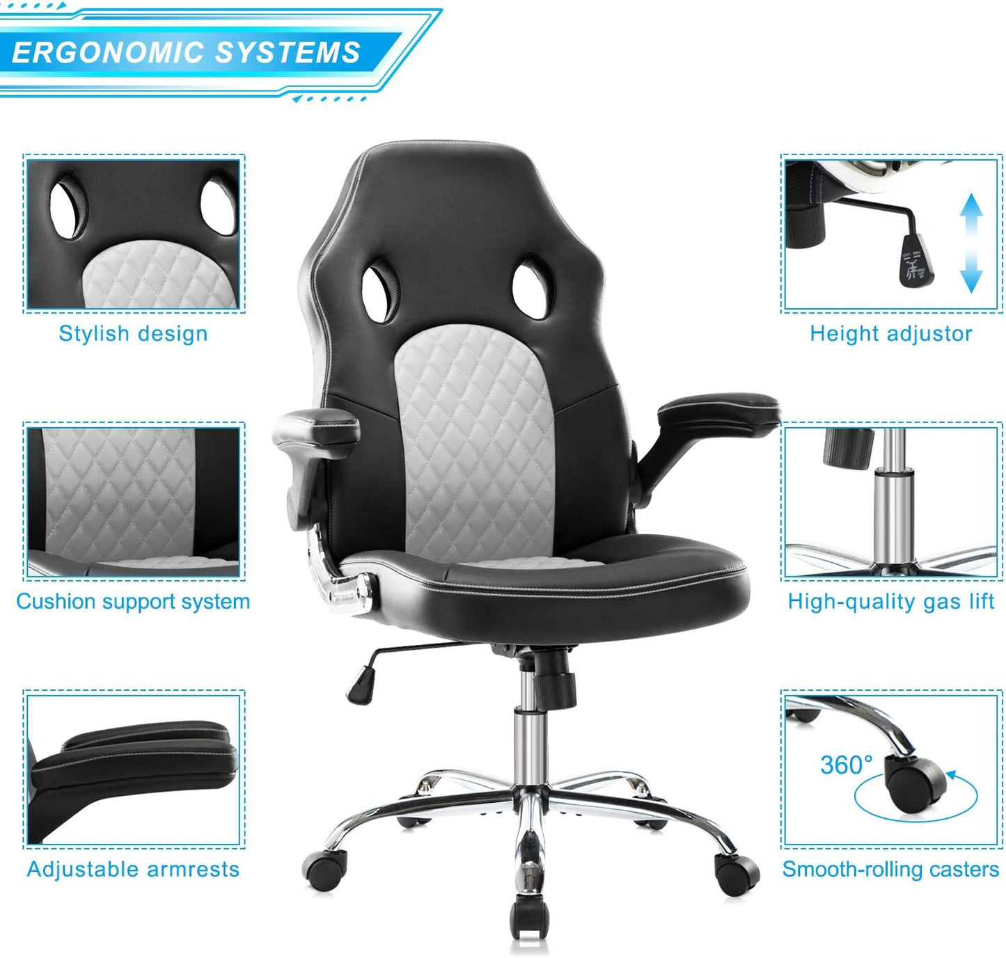 Ergonomic Gaming & Office Chair with Adjustable Flip-Up Armrests, Reclining Backrest & 360° Swivel – High-Back Computer Chair with Bonded Leather and Lumbar Support