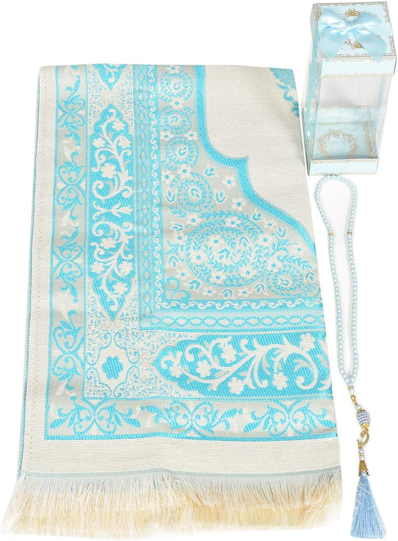 Premium Turkish Cotton Muslim Prayer Rug with Pearl Prayer Beads – Gift Boxed Islamic Prayer Mat for Men, Women & Kids