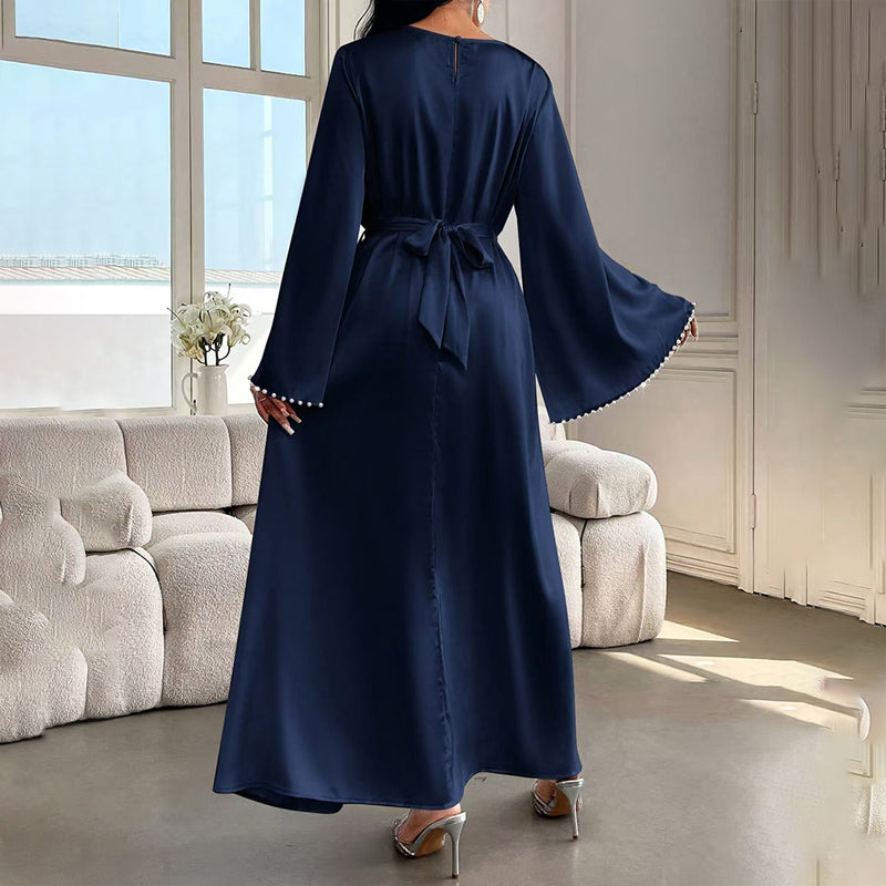 Elegant Pearl-Cuff Flared Maxi Dress – Modest A-Line Abaya Style