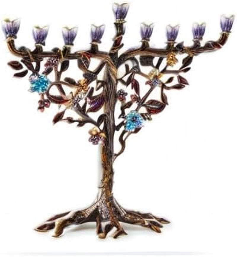 Elegant Hanukkah Menorah with Hand-Painted Flower Vine Design & Crystal Embellishments