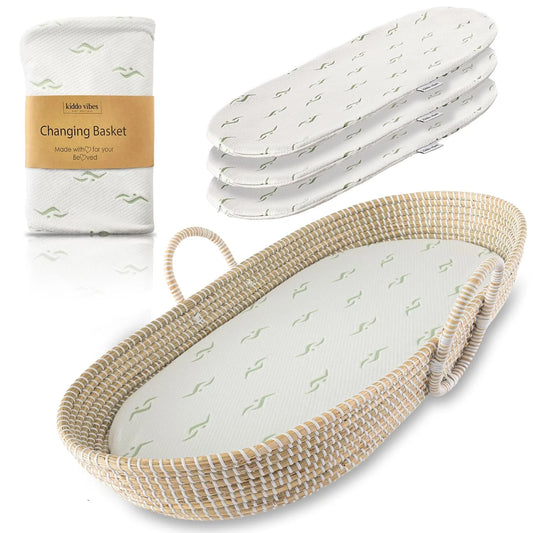 Seagrass Baby Changing Basket Set – Handwoven Natural Changing Station with Cushioned Pad & 3 Waterproof Bamboo Covers, CPSC Compliant, Boho Nursery Essential