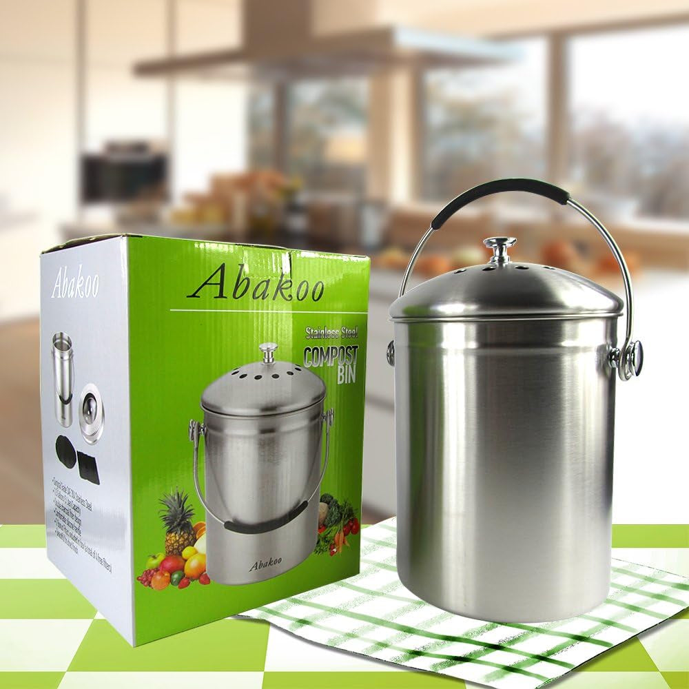Stainless Steel Compost Bin - 1.3 Gallon Premium Grade 304 Stainless Steel Kitchen Composter - Includes 4 Charcoal Filter, Indoor Countertop Kitchen Recycling Bin Pail