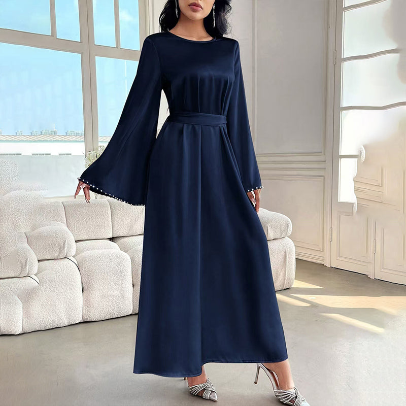Elegant Pearl-Cuff Flared Maxi Dress – Modest A-Line Abaya Style