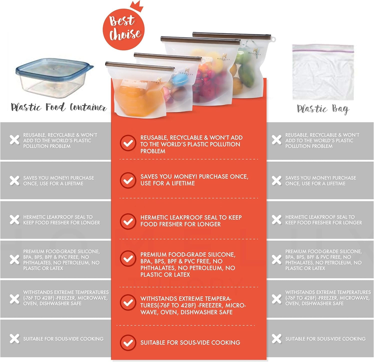 Homelux Theory Power Pack Silicone Food Storage Bags – Set of 6 Reusable Leakproof Zip Bags with Airtight Slider (2 Large, 2 Medium, 2 Small)