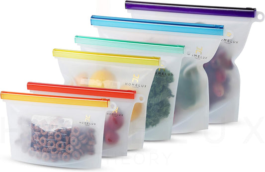 Homelux Theory Power Pack Silicone Food Storage Bags – Set of 6 Reusable Leakproof Zip Bags with Airtight Slider (2 Large, 2 Medium, 2 Small)