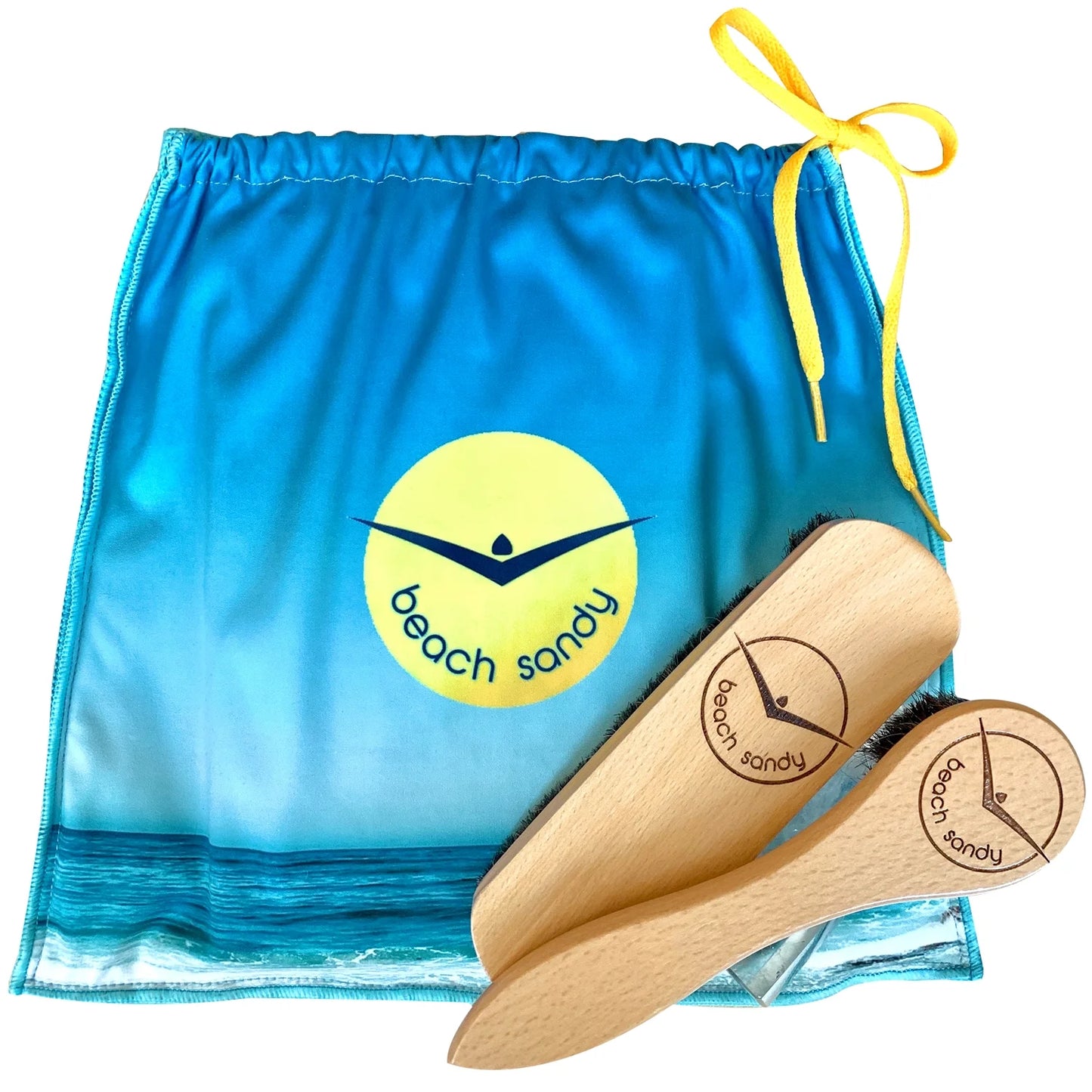 Beach Sandy Brush Kit – Eco-Friendly Sand Remover with Beech Wood Brushes & Microfiber Towel Bag – Portable Beach Accessory for Feet, Gear, & Pets