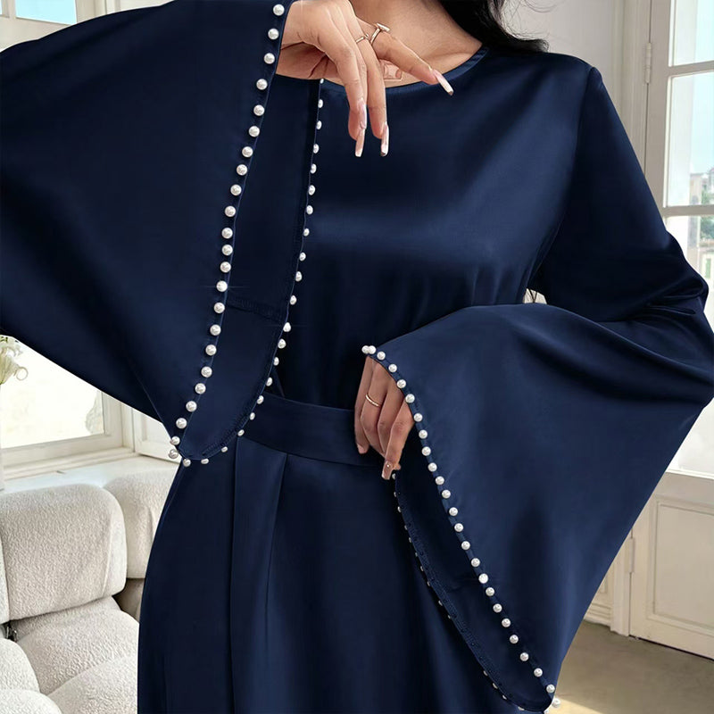 Elegant Pearl-Cuff Flared Maxi Dress – Modest A-Line Abaya Style