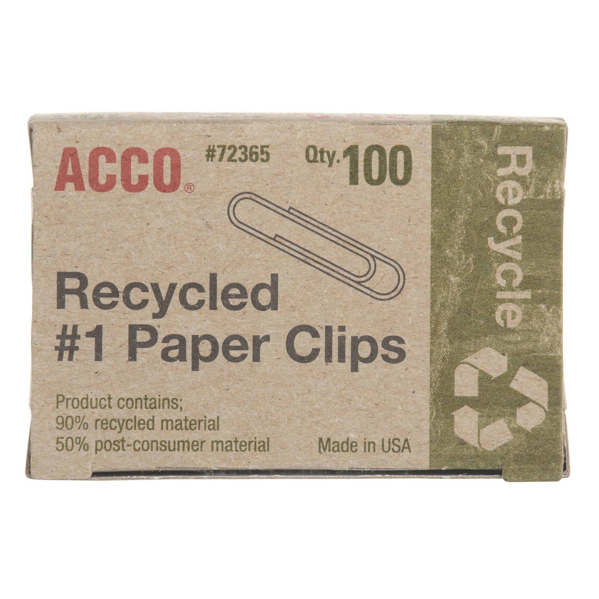 ACCO Recycled Paper Clips, #1 Size, Smooth Silver Finish – 100/Box