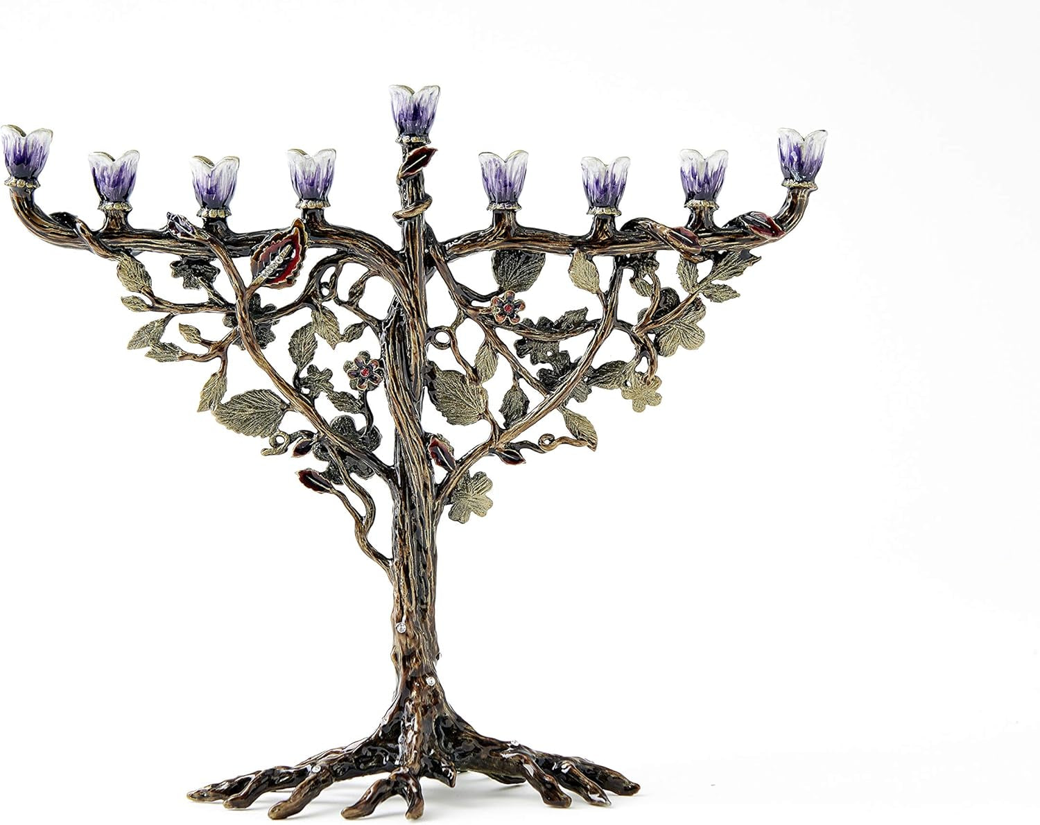 Elegant Hanukkah Menorah with Hand-Painted Flower Vine Design & Crystal Embellishments