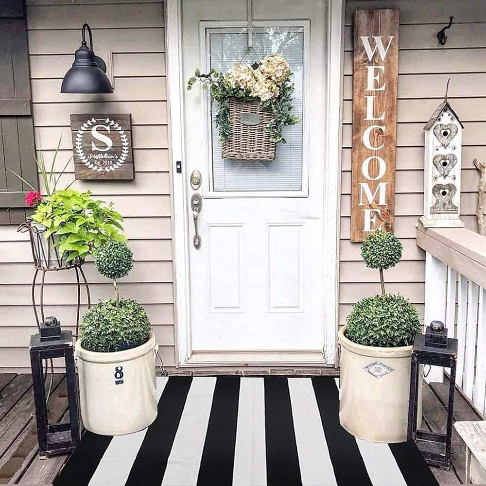 Oversized Black and White Striped Cotton Outdoor Rug – Reversible Farmhouse Porch Mat for Indoor & Outdoor Use, 27.5” x 43”
