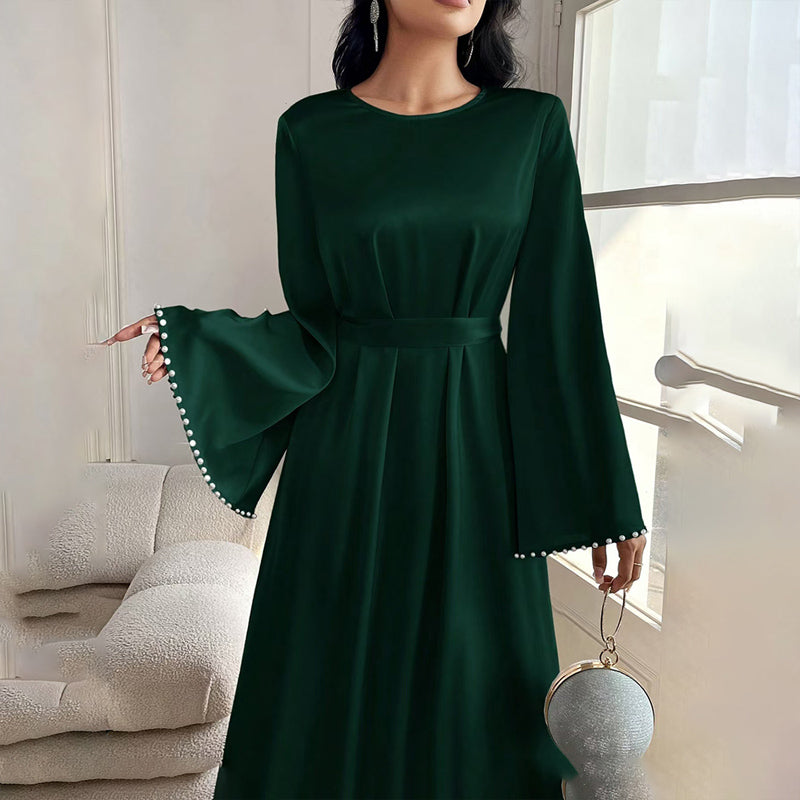 Elegant Pearl-Cuff Flared Maxi Dress – Modest A-Line Abaya Style
