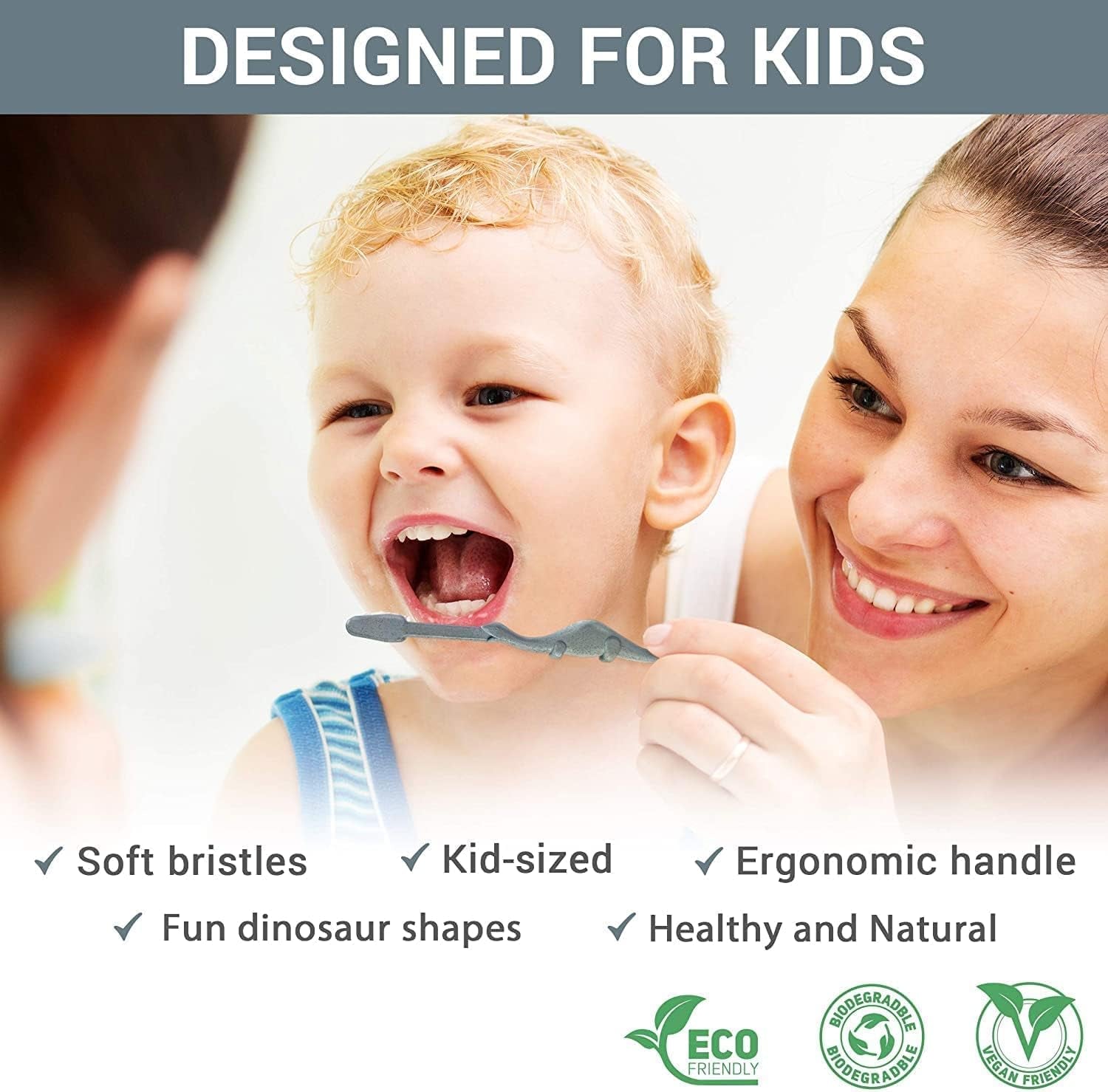 ® All-Natural Eco Friendly Kids Toothbrush Made from Plants - Dinosaurs 4-36M - Baby to Toddler - Blue/Green - 4Pk | 1% for the Planet Product