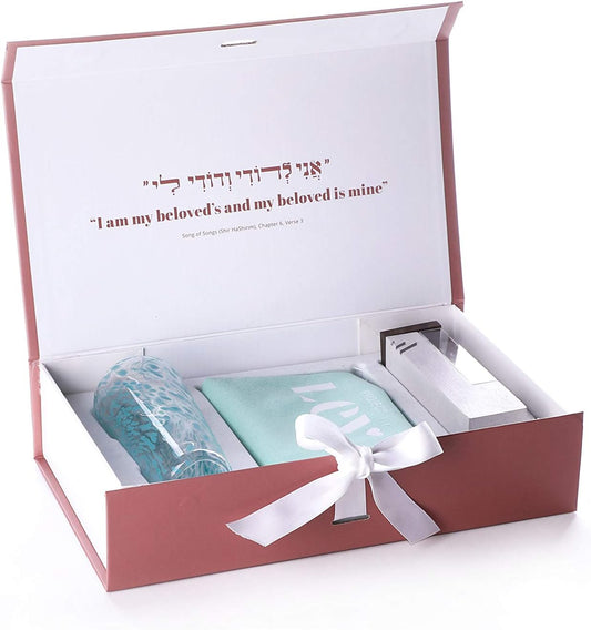 Chuppah Breaking Glass Mezuzah Kit – Elegant Jewish Wedding Keepsake with Cement Case & Colorful Glass Vessel (Gray & Blue) by Project Lev