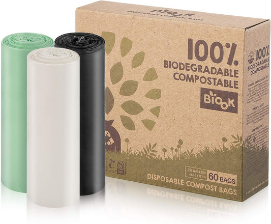 BIOOK Certified Compostable Dog Waste Bags – Leakproof, Plant-Based, Unscented – 2.6 Gallon, 25 Bags/Roll – Eco-Friendly, Biodegradable Trash Bags for Home & Pet Use
